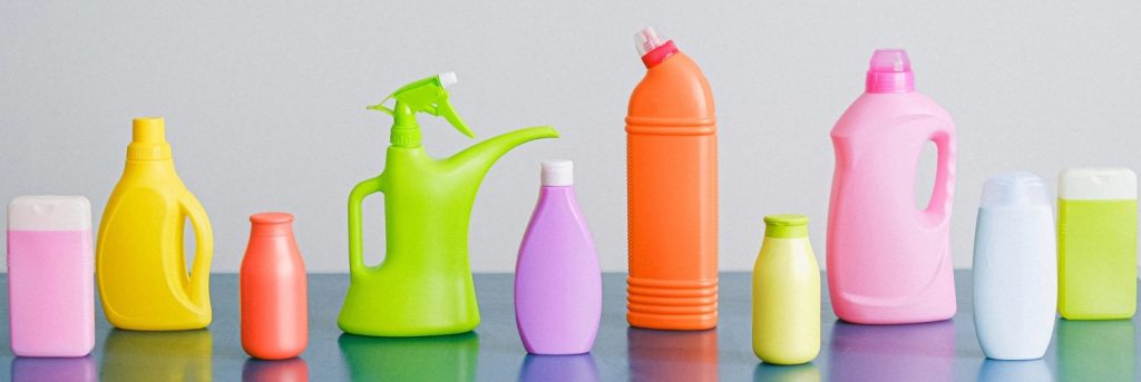A gallery of cleaning tools on a gray background
